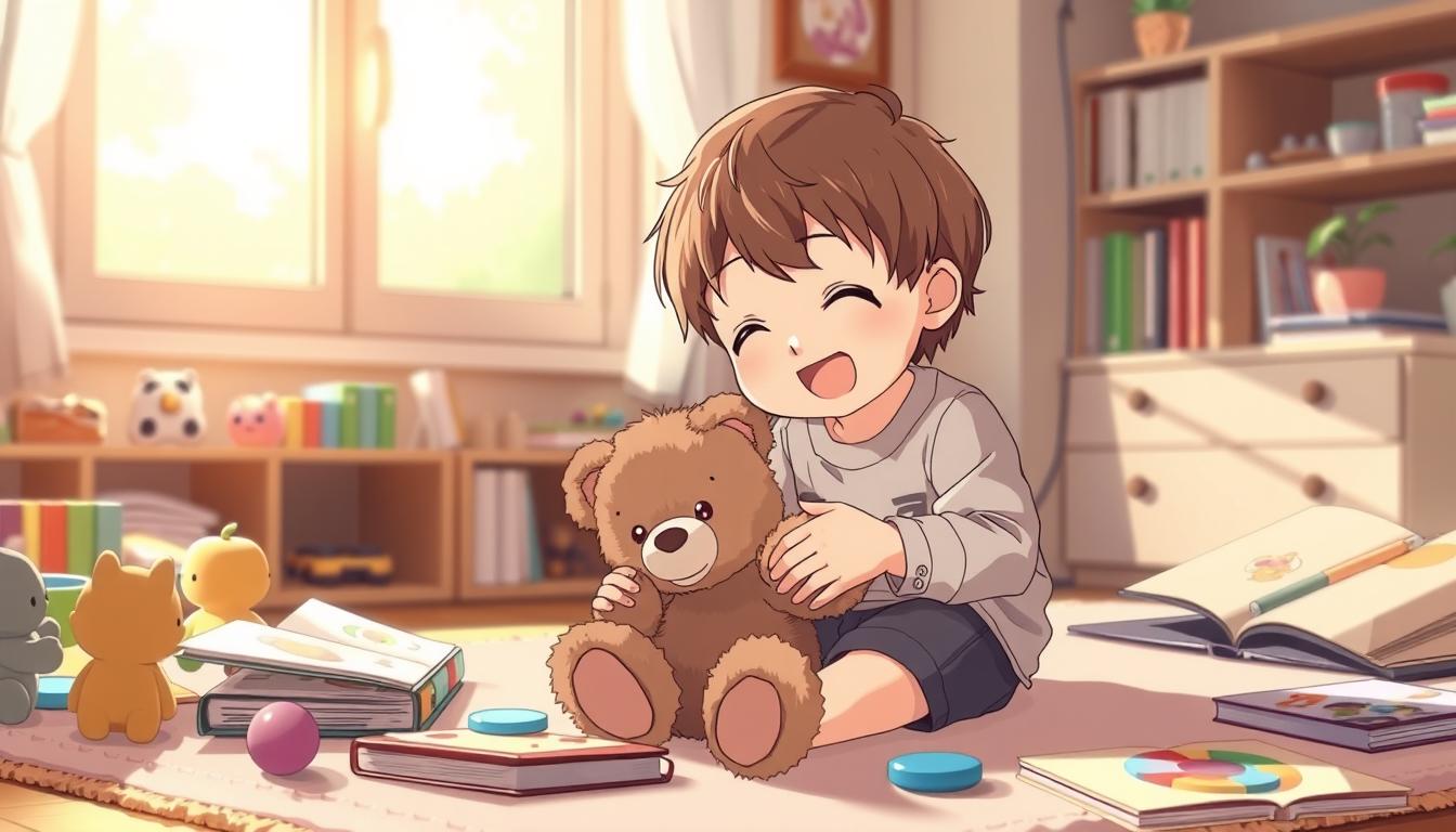 A cozy, well-lit indoor scene featuring a young child enthusiastically playing with a small, fluffy brown teddy bear. The child is sitting on a soft rug, surrounded by various educational toys and books. The bear's button eyes and friendly expression engage the child, fostering a sense of playful learning. Warm, natural lighting filters through a nearby window, casting a gentle glow on the scene. The overall atmosphere is one of comfort, curiosity, and the joyful exploration of memory and cognitive development.