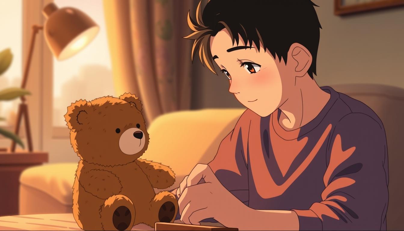 A cozy living room scene with a father and child engaged in a memory matching game, using a stuffed bear as the game pieces. The father guides the child, encouraging them to concentrate and remember the locations of the hidden bear faces. Warm lighting illuminates their focused expressions, creating a serene, nurturing atmosphere that emphasizes the role of parental involvement in enhancing the benefits of this memory-building activity. The background features subtle, soothing colors and textures to maintain the attention on the central interaction.