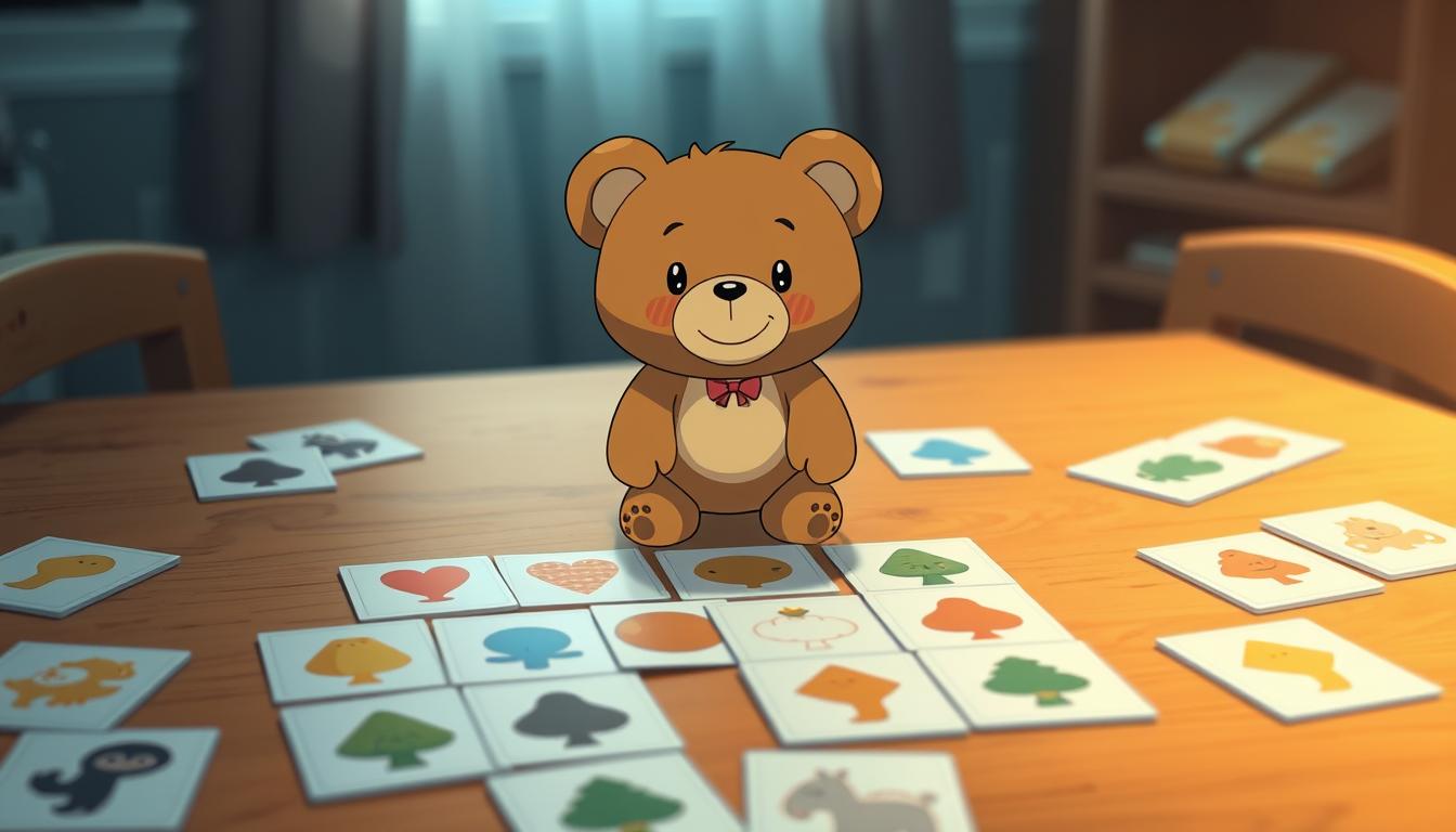 A warm and playful scene of a small teddy bear standing on a wooden table, surrounded by a set of colorful memory game cards. The bear has a friendly, inviting expression, encouraging the viewer to come and play the memory matching game. The cards are arranged in a grid pattern, their faces hidden, waiting to be turned over and revealed. The lighting is soft and diffused, creating a cozy, intimate atmosphere. The camera angle is slightly elevated, giving a bird's-eye view of the game setup, allowing the viewer to fully immerse themselves in the interactive experience. The overall mood is one of childlike wonder and enchantment, perfectly capturing the essence of the &quot;Memory Match with the Little Bear&quot; game.