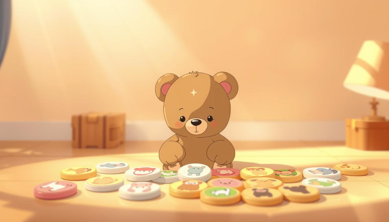 A whimsical scene featuring a small, adorable teddy bear engaging in a memory matching game. The bear is positioned in the foreground, surrounded by a colorful array of round tokens or cards depicting various playful animal icons. The middle ground showcases a warm, cheerful atmosphere with soft, diffused lighting, creating a cozy, inviting ambiance. The background features a simple, minimalist design with soft, pastel hues, allowing the bear and the game elements to take center stage. The overall composition evokes a sense of playfulness, learning, and childhood wonder, perfectly suited to illustrate the subject of a memory-based game for children.