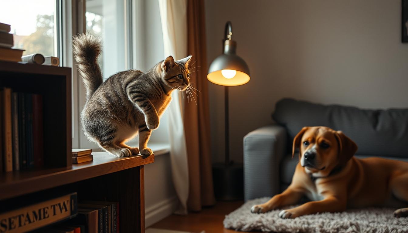 A curious cat precariously balances on the edge of a bookshelf, one paw delicately extended as it gazes intently at a Bumen mechanical desk lamp casting a warm glow across the room. The feline's tail twitches with feline focus, its pupils dilated in rapt attention, as if mesmerized by the lamp's hypnotic light. In the background, a dog lounges on a plush rug, cocking its head quizzically at its companion's bizarre behavior. Soft, natural lighting filters through a window, lending an air of tranquility to the scene. The overall mood is one of whimsical, offbeat charm, capturing the enigmatic nature of unexplained pet conduct.