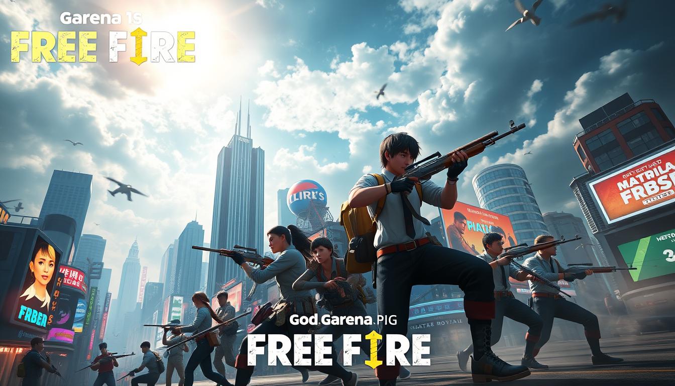 A stunning, high-resolution cinematic image of the Garena Free Fire video game. The foreground depicts the game's iconic character models, posed in action-packed stances, wielding an array of diverse weapons and gear. The middle ground showcases the vibrant, neon-infused urban environment of the game's battle royale maps, with towering skyscrapers, neon billboards, and dynamic weather effects. The background features a dramatic, cinematic sky, with swirling clouds and rays of sunlight piercing through. The overall image conveys the intense, fast-paced, and visually captivating nature of the Garena Free Fire gaming experience, inviting the viewer to immerse themselves in the game's thrilling world.