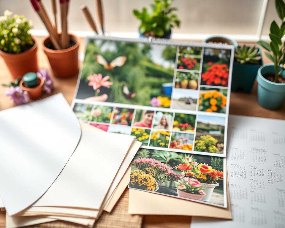 A detailed flat lay image showcasing high-quality paper samples for photo calendars featuring vibrant garden themes. In the foreground, arranged neatly, are assorted pieces of textured paper in various finishes, like matte and glossy. The middle section displays a beautifully printed photo calendar, each page showcasing colorful garden imagery—lush flowers, verdant landscapes, and serene garden scenes. In the background, softly blurred, hints of gardening tools and plant pots create a warm, inviting atmosphere. The lighting is bright and natural, highlighting the textures of the paper and the vibrancy of the colors, as if illuminated by soft morning sunlight. The overall mood is cheerful and inspiring, emphasizing the beauty of personalized garden calendars and the importance of selecting quality materials.