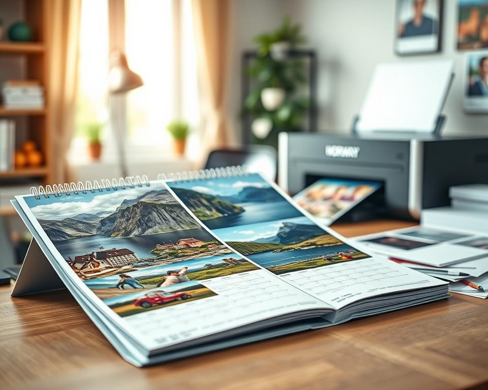 A detailed and vibrant image of a well-designed photocalendar featuring beautiful vacation photos from Norway. In the foreground, showcase the open pages of the calendar, displaying stunning landscapes and iconic landmarks like fjords, waterfalls, and classic Norwegian architecture. The middle layer should depict a simple, sleek desk setup with a high-quality printer and various paper swatches nearby, highlighting different printing options such as glossy, matte, and textured finishes. In the background, softly blurred, include a cozy workspace with natural light streaming in through a window, creating a warm and inviting atmosphere. The overall mood should convey professionalism and creativity, emphasizing the importance of print quality for lasting keepsakes.