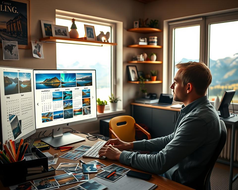 A cozy workspace setting with a person sitting at a desk, configuring a photo calendar featuring stunning vacation images from Norway. In the foreground, a computer screen displays an interactive design interface, showcasing various months filled with vibrant images of fjords and northern lights. The person, dressed in smart casual attire, is focused and engaged, surrounded by scattered printed photos and colorful stationery. In the middle ground, shelves adorned with travel memorabilia and plants add a personal touch. The background features a large window letting in soft, natural light, illuminating the scene with a warm, inviting atmosphere. The view outside reveals a serene landscape of Norwegian mountains, enhancing the travel theme.