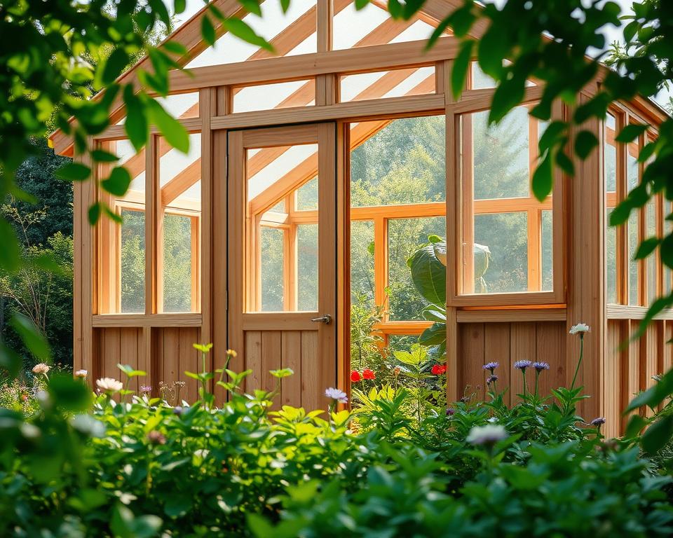 Holzgewächshaus im Garten
