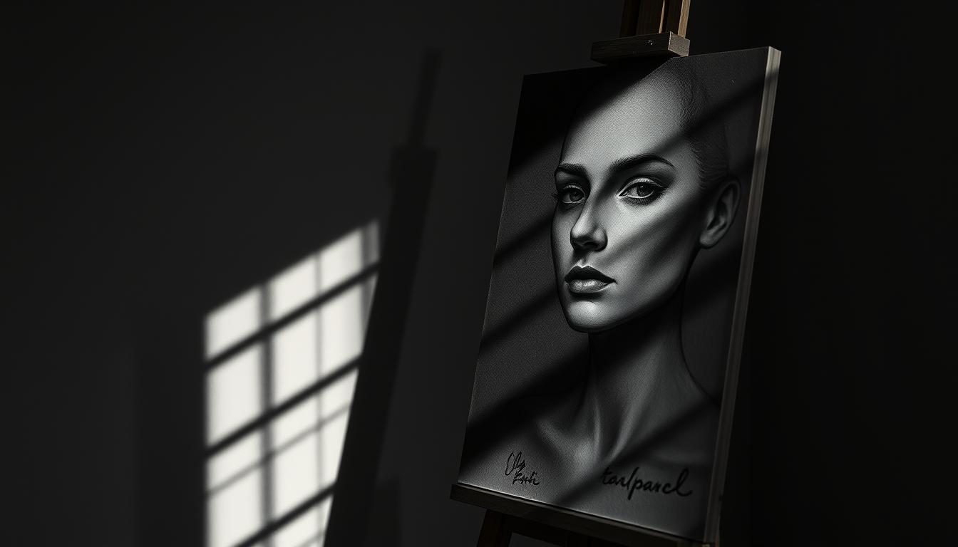 A detailed study of shading techniques, highlighting the interplay of light and shadow. A serene, dimly lit studio setting with an easel displaying a partially completed portrait. Soft, directional lighting casts nuanced shadows across the form, accentuating the contours and modeling the volume. Varied hatch marks, cross-hatching, and gradients of value create depth and depth. Tactile, rough-textured charcoal or pencil strokes lend a sense of weight and materiality. The composition is balanced, guiding the viewer's eye through the compositional elements. An atmosphere of focused artistic contemplation pervades the scene.