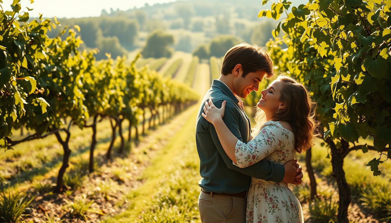A sun-dappled vineyard, lush with vines and the promise of summer. In the foreground, two figures embrace, their faces aglow with the warmth of a fleeting moment. Soft, muted tones evoke the nostalgia of a bygone era, as the camera captures the tender exchange through a gentle, cinematic lens. Attraction CODEX