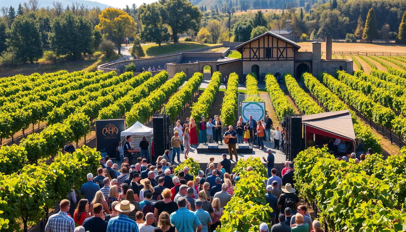 A vibrant harvest festival set in a picturesque rural vineyard. In the foreground, a lively crowd gathers around a central stage, with musicians playing folk tunes and locals engaged in traditional dance. The middle ground features rows of lush grapevines, their heavy clusters of ripe, full-bodied grapes glistening in the warm, golden sunlight. In the background, a historic winery stands tall, its sturdy stone walls and timber-framed architecture reflecting the long heritage of the region. The atmosphere is one of celebration, community, and a deep appreciation for the bounty of the land. Attraction CODEX