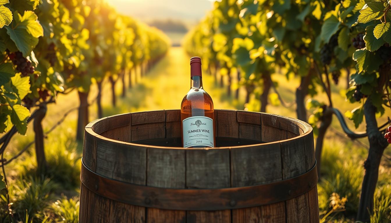 A weathered oak wine barrel rests amidst a gently rolling vineyard, its worn wood and metal bands a testament to the passage of time. Sunlight filters through lush grapevines, casting a warm, golden glow upon the barrel's surface. Nestled within, a single bottle of "Summer Wine" waits patiently, its label faded but its contents still holding the promise of a lifetime of memories. The scene is captured with a soft, cinematic lens, evoking a sense of nostalgia and the timeless allure of the winemaking craft. Attraction CODEX