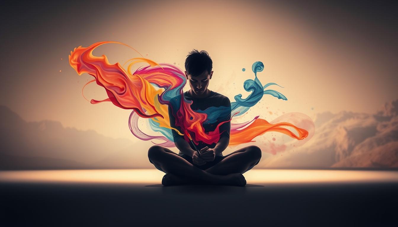 Soft, ambient lighting illuminates a serene, contemplative scene. In the foreground, a lone figure sits cross-legged, a paintbrush in hand, eyes closed, deeply immersed in the act of creation. Swirling brushstrokes of vibrant hues dance across the canvas, evoking a profound emotional response. In the middle ground, abstract shapes and forms coalesce, symbolizing the transformative power of artistic expression. The background fades into a hazy, dreamlike landscape, suggesting the boundless potential of the human mind and spirit. This is the Attraction CODEX - a visual meditation on the profound connection between art, emotion, and personal healing.
