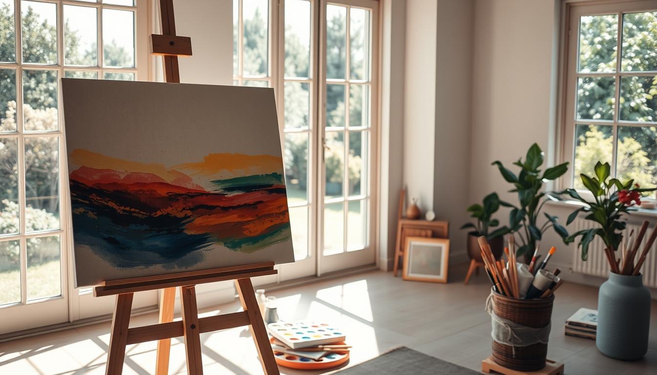 A serene, sunlit studio space with an easel in the foreground, supporting a canvas where vibrant brushstrokes create a soothing abstract landscape. Soft natural light filters through large windows, casting a warm glow on the artist's hands as they mindfully guide the paintbrush. In the middle ground, a collection of art supplies - paints, brushes, and palette - suggests the therapeutic process of self-expression. In the background, a tranquil view of a garden or natural setting inspires the creative flow. The overall mood is one of inner peace, healing, and the restorative power of Attraction CODEX.