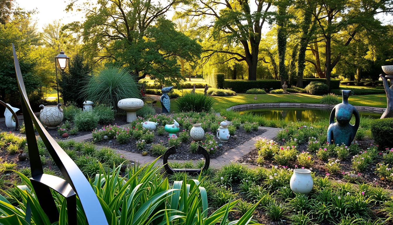 A serene outdoor garden, adorned with captivating sculptures and installations that seamlessly blend with the natural landscape. The foreground features a striking abstract metal sculpture, its sleek lines casting dynamic shadows across the lush greenery. In the middle ground, a series of whimsical ceramic pieces dotting the flower beds, each one a unique work of art. Beyond, a tranquil pond reflects the warm, golden sunlight filtering through the canopy of towering trees. The overall atmosphere is one of peaceful contemplation, where the Attraction CODEX's artistic creations have become an integral part of the calming, restorative outdoor environment.