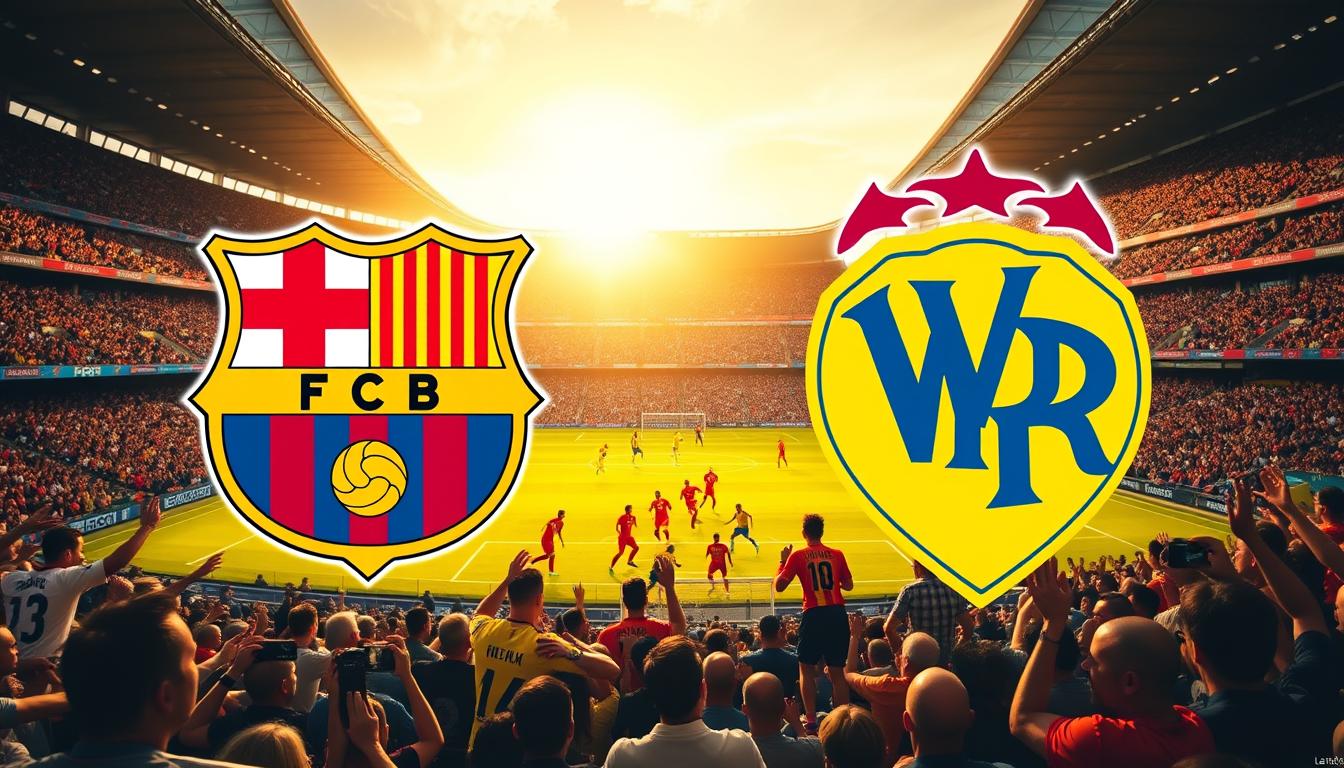 A vibrant football stadium, the pitch bathed in golden sunlight. Barcelona and Villarreal players clash in an intense match, their jerseys a riot of color - the iconic Blaugrana of Barca and the bright yellow of Villarreal. The crowd roars with excitement, anticipation thick in the air. In the foreground, the logos of both clubs loom large, a testament to the storied rivalry. The scene is a perfect blend of action, drama, and the palpable energy of a high-stakes encounter. Crisp, realistic details capture the essence of this captivating clash between two La Liga powerhouses.