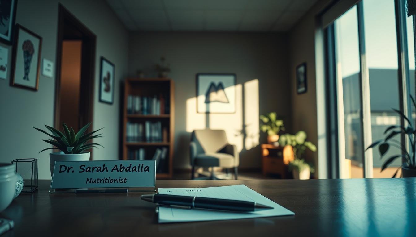 مكتب طبي دافئ بإضاءة خافتة، يعكس أجواء من الثقة والاحترافية. يتصدر المشهد مكتب يحمل لوحة اسم: الدكتورة سارة عبد الله، أخصائية تغذية، مع نبتة صغيرة وشهادة مؤطرة تضيف لمسة من المصداقية. في المنتصف، يوجد كرسي مريح للمرضى، ورفوف مملوءة بمراجع طبية متخصصة في التغذية. تمتد نافذة كبيرة في الخلفية، تسمح بدخول الضوء الطبيعي بهدوء، مما يضفي إحساسًا بالطمأنينة والاستعداد لتقديم استشارات غذائية شخصية.