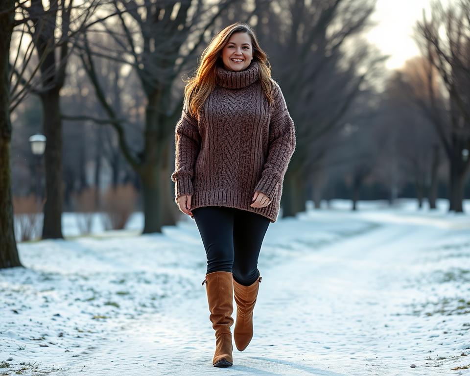 A cozy and comfortable plus-size woman wearing a warm, oversized cable-knit sweater and fleece-lined leggings, paired with knee-high suede boots. The woman is casually strolling through a snowy park, surrounded by bare trees and a light dusting of snow on the ground. The scene is bathed in a soft, natural light, creating a peaceful and serene atmosphere. The woman's expression is relaxed and content, capturing the essence of a casual weekend winter outfit.