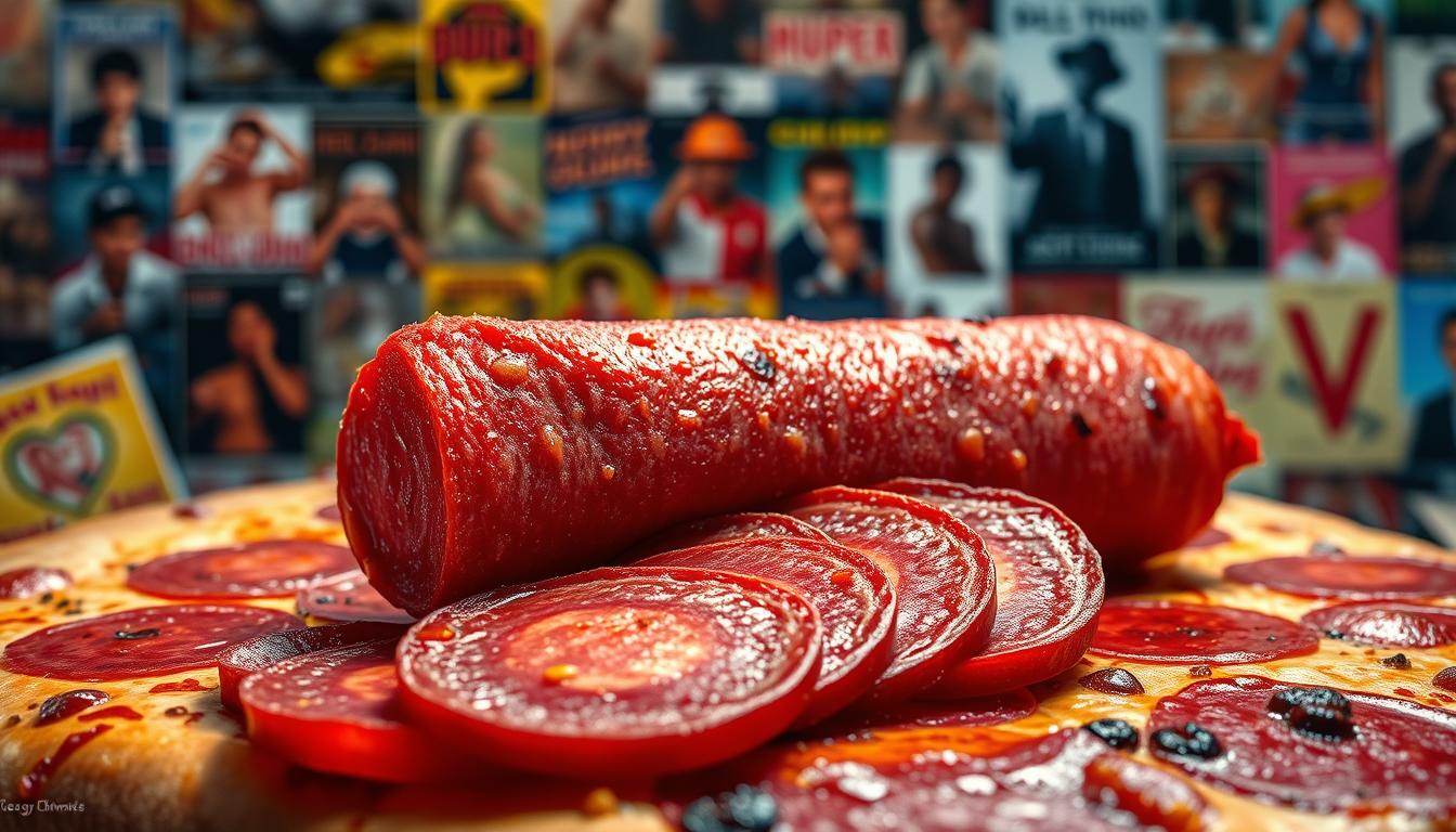 A sizzling beef pepperoni, freshly sliced, sits atop a vibrant mosaic of cultural references. In the foreground, the pepperoni glistens under dramatic lighting, its bold crimson hues and distinct texture commanding attention. The middle ground features a collage of iconic pop culture imagery - movie posters, album covers, and vintage advertisements - all celebrating the beloved pepperoni's enduring presence in the global culinary landscape. The background blends into a kaleidoscope of patterns and textures, evoking the diverse tapestry of traditions and flavors that have embraced this savory meat. The overall composition conveys a sense of celebration, paying homage to the pepperoni's widespread cultural significance and its ability to transcend boundaries, uniting people through the shared enjoyment of its bold, flavorful character.