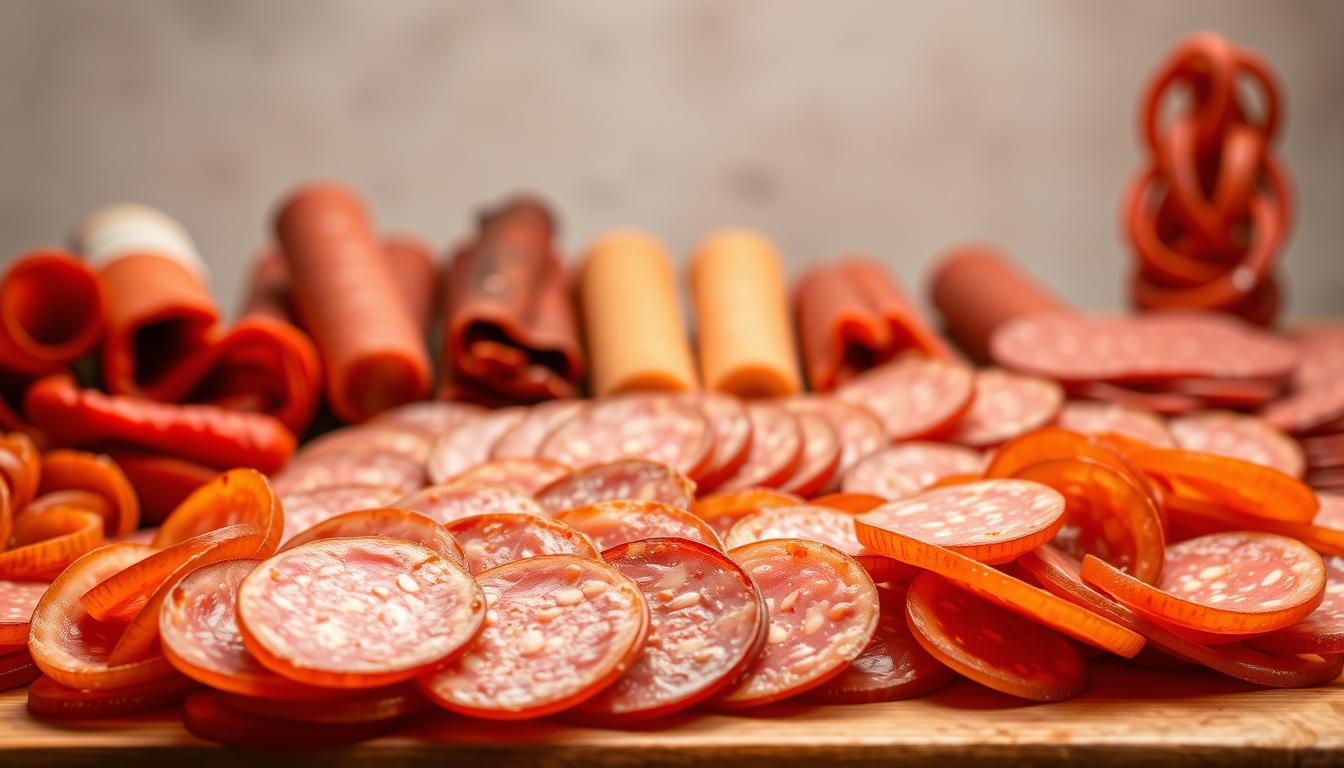 A carefully arranged still life showcasing an assortment of premium pepperoni varieties. In the foreground, a collection of thin-sliced turkey pepperoni, each slice glistening with a hint of spice. In the middle ground, a selection of gourmet beef pepperoni in various shapes and sizes, some coiled, others straight, all exuding a savory aroma. The background features a neutral, softly-lit setting, allowing the pepperoni to take center stage. The lighting is warm and natural, casting gentle shadows that accentuate the texture and depth of the different pepperoni types. The overall composition is visually striking, inviting the viewer to appreciate the diverse range of pepperoni options available for culinary exploration.