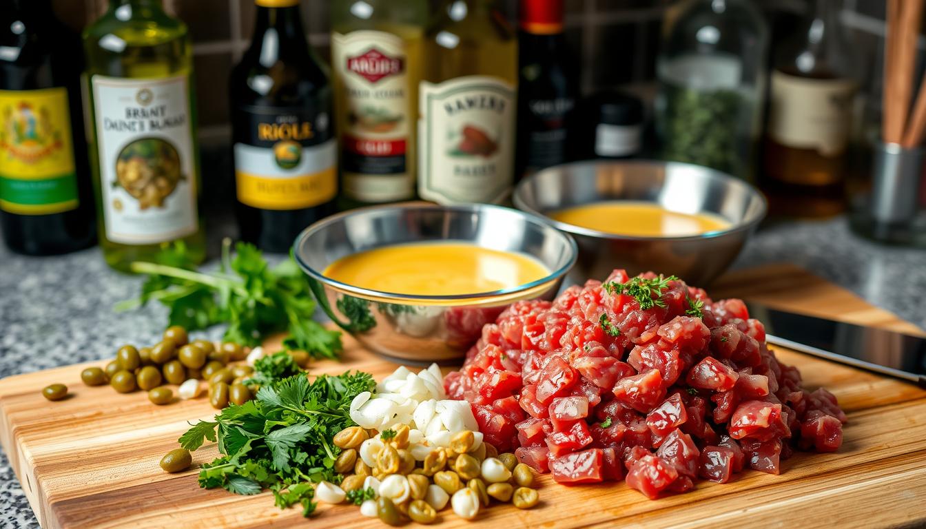 A well-lit kitchen counter, with a cutting board featuring freshly chopped ingredients for the perfect beef tartare. In the foreground, a pile of high-quality beef tenderloin, finely minced, alongside a selection of garnishes - crisp cornichons, capers, chopped shallots, and fragrant parsley. In the middle ground, a stainless steel bowl filled with a creamy, golden-hued sauce, the perfect accompaniment to the raw beef. The background showcases a selection of premium olive oils, vinegars, and herbs, hinting at the care and attention to detail required for crafting an exceptional beef tartare. The overall mood is one of culinary expertise, inviting the viewer to imagine the delightful flavors and textures of this classic dish.