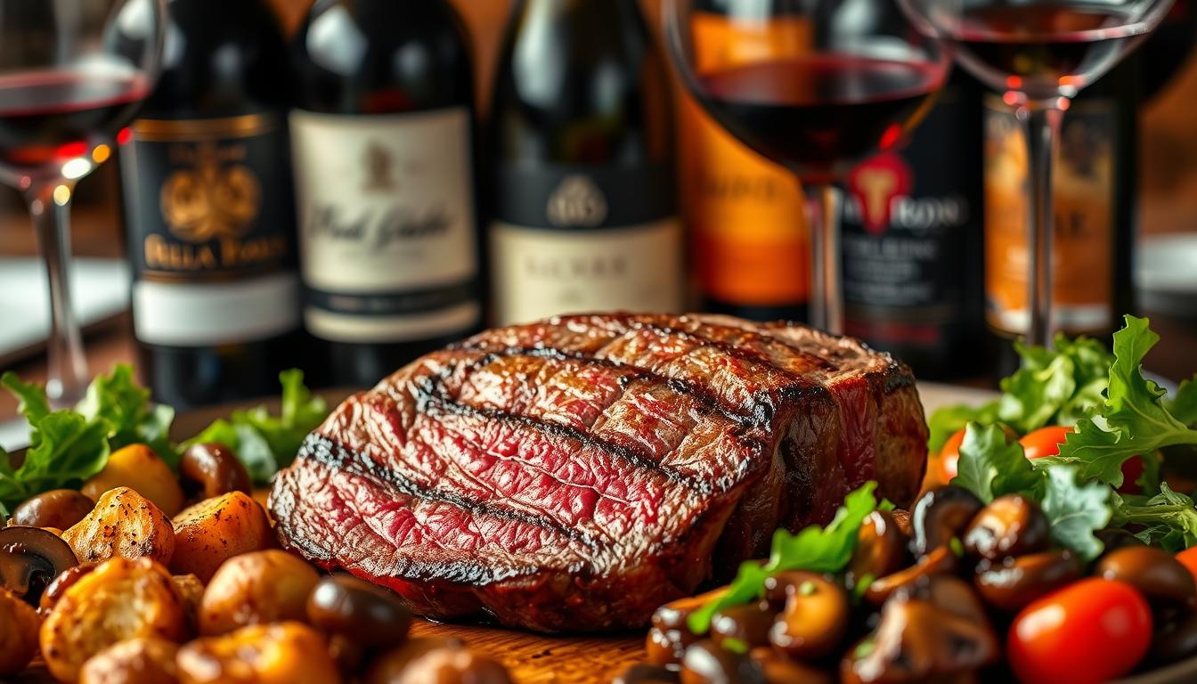 A beautifully presented wagyu skirt steak sits at the center of the frame, its rich marbling and seared crust glistening under the warm, golden lighting. Surrounding the steak, an array of expertly paired side dishes and wine glasses, each complementing the flavors of the meat. In the foreground, roasted potatoes, sautéed mushrooms, and a vibrant green salad with a balsamic vinaigrette. In the background, a selection of full-bodied red wines, their labels prominently displayed, inviting the viewer to discover the perfect pairing. The scene is captured with a shallow depth of field, drawing the eye to the star of the dish - the perfectly cooked wagyu skirt steak.