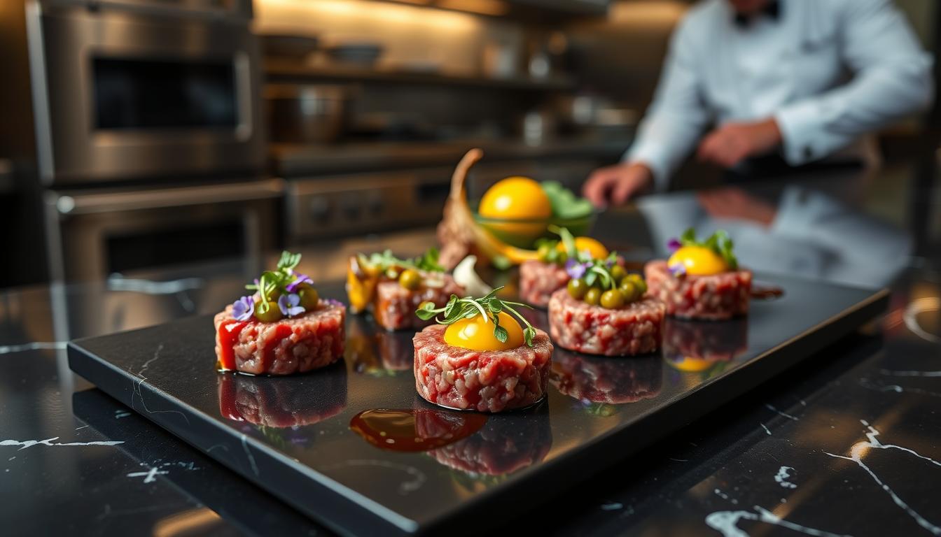 A beautifully plated beef tartare dish, artfully presented on a sleek black marble countertop. In the foreground, delicate quenelles of the tartare are adorned with micro-greens, edible flowers, and a drizzle of rich, glossy sauce. The middle ground features an array of curated garnishes - capers, cornichons, shallots, and a perfectly cooked egg yolk. In the background, a polished, gleaming kitchen setting with stainless steel appliances and a glimpse of a chef's crisp, white uniform, hinting at the skilled hands that crafted this culinary masterpiece. Soft, diffused lighting casts a warm, inviting glow, elevating the dish to a work of art. The overall mood is one of refined elegance and artistry, showcasing the finest interpretation of The Blvd BeverlyHills Beef Tartare.