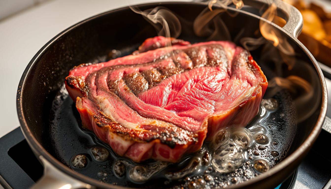 A pan sizzling with wagyu skirt steak, the rich marbling glistening in the warm, even light. Thin wisps of smoke curl upwards, the meat seared to a perfect medium-rare, a vibrant pink center encased in a delicate, caramelized crust. Droplets of flavorful beef fat spatter and pop, filling the air with the mouthwatering aroma of premium, dry-aged beef. The steak rests atop a dark, cast-iron surface, the pan's worn patina hinting at countless meals prepared with care. Surrounding the pan, a clean, minimalist kitchen backdrop, allowing the star of the dish to take center stage.
