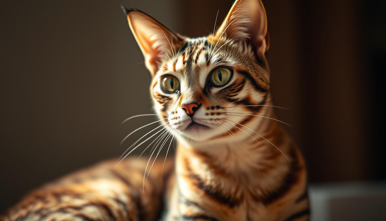 The Remarkable Dragon Li: A Complete Guide 2 A close-up portrait of a regal and attentive Dragon Li cat, its piercing gaze and alert posture conveying a sense of keen intelligence. Bathed in soft, warm lighting that accentuates the cat's striking features - the sharp, angular lines of its face, the piercing golden eyes, and the sleek, muscular build. The background is blurred, placing the focus entirely on the captivating presence of this exceptional feline. Captured with a shallow depth of field and a slightly elevated camera angle to emphasize the cat's confident, almost regal demeanor. The overall mood is one of quiet contemplation and the cat's innate ability to command attention as a skilled and perceptive hunter.