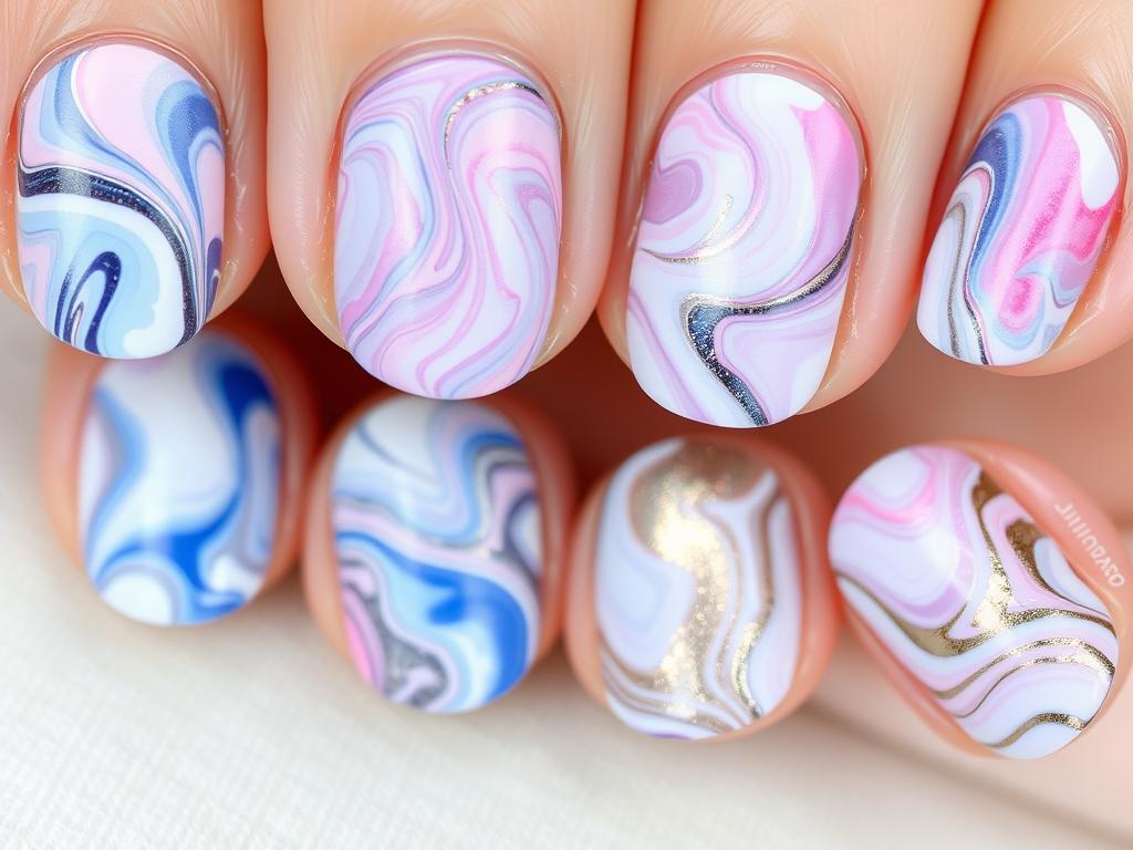 Unhas redondas com efeito marmorizado em diferentes combinações de cores