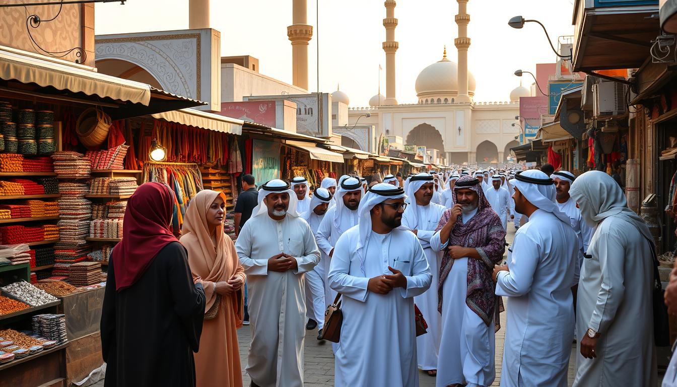 Discover the Top 6 Places to Visit in the UAE 5 A bustling street scene in the heart of the UAE, showcasing the vibrant cultural etiquette. In the foreground, a group of local residents in traditional Emirati dress engage in lively conversation, their gestures and expressions conveying a sense of warmth and hospitality. In the middle ground, shopkeepers tend to their stores, displaying a diverse array of spices, textiles, and handcrafted goods. The background features the iconic architecture of the region, with towering minarets and domes illuminated by the soft, golden light of the afternoon sun. The overall atmosphere is one of harmony, respect, and an immersive cultural experience.