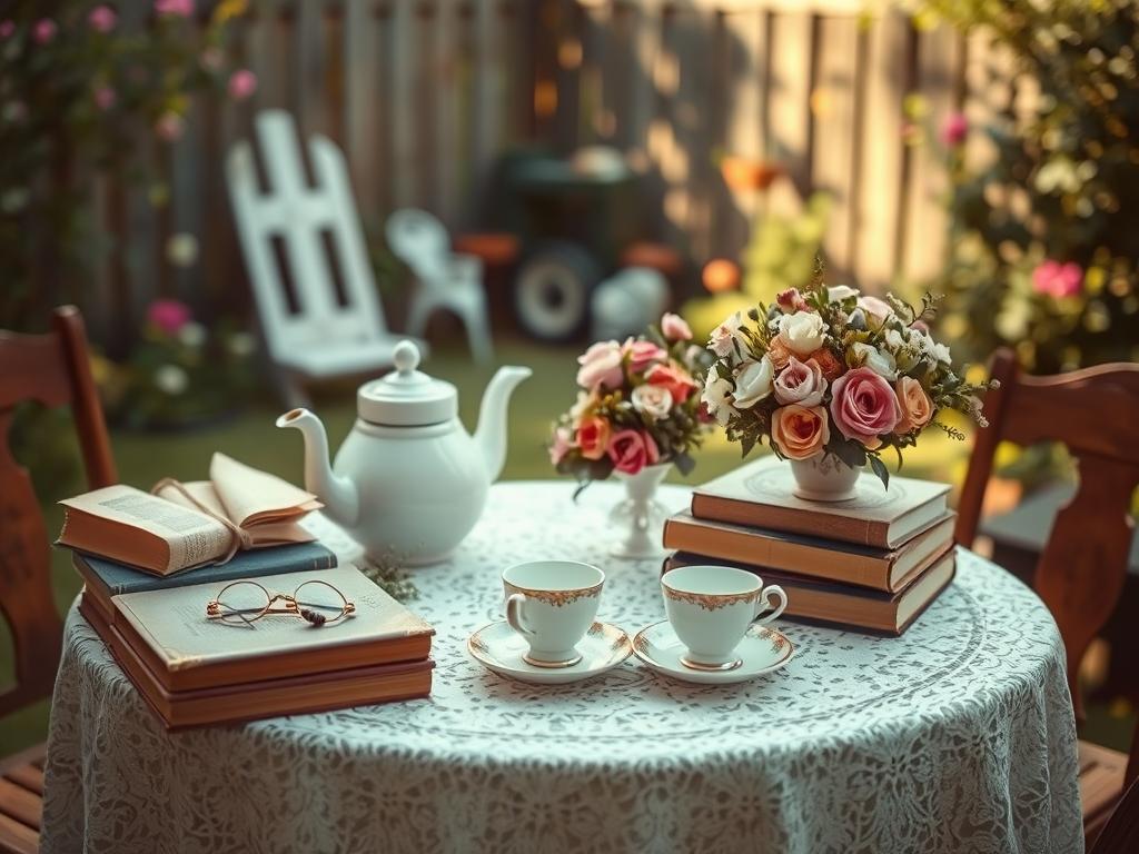Vintage tea party photoshoot setup in backyard
