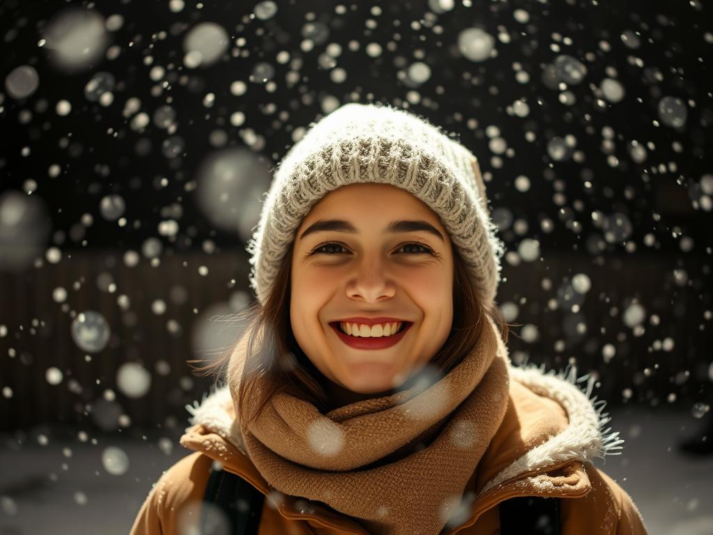 Person in snow globe effect photography in backyard