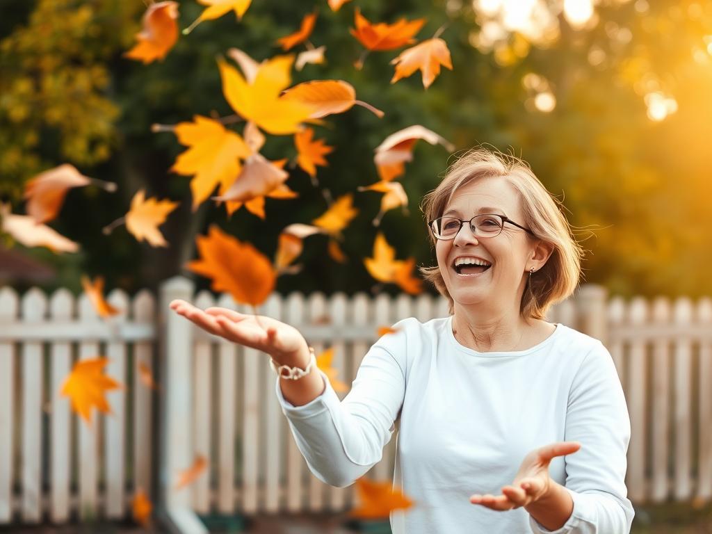 Person tossing autumn leaves in backyard