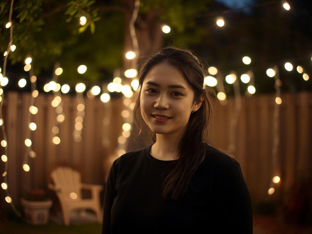 Person with fairy lights in backyard night photography