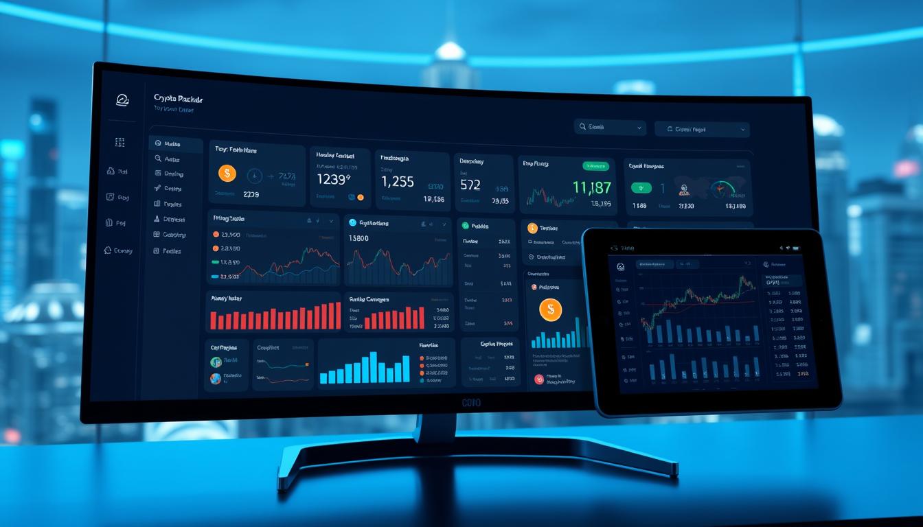 A sleek, modern crypto portfolio tracker interface displayed on a high-resolution, ultrawide computer screen. The foreground features a clean, minimalist dashboard with intuitive charts, graphs, and widgets tracking the user's crypto investments. The middle ground showcases a responsive, mobile-friendly version of the tracker on a tablet device. The background depicts a blurred, futuristic cityscape with skyscrapers and neon lights, conveying a sense of technological sophistication. The overall scene is bathed in a cool, calming color palette with subtle blue and gray tones, creating a professional, well-designed atmosphere.