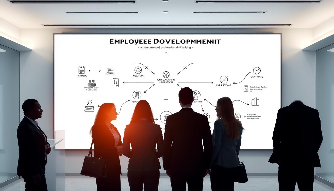 A sleek, minimalist office setting with a large whiteboard or wall display showcasing interconnected employee development pathways. The foreground features several silhouetted business professionals in a collaborative pose, hinting at the collaborative nature of skill-building. The middle ground depicts a series of arrows and icons representing different stages of development, such as training, mentorship, and job rotations. The background is softly lit, creating a sense of openness and possibility. The overall mood is one of strategic planning, forward momentum, and a culture of continuous learning and growth.