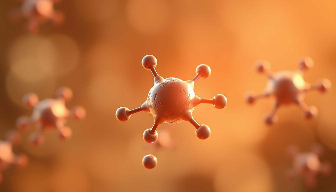 A detailed, high-resolution digital illustration of the molecular structure of creatinine, the waste product that the GFR calculator measures. The creatinine molecule is shown at the center, with a bright, crisp focus, surrounded by a soft, out-of-focus background. The illustration uses a warm, natural lighting scheme, with subtle shadows and highlights to convey the three-dimensional form of the molecule. The overall mood is clean, scientific, and informative, suitable for use in a medical article. SEO Tools