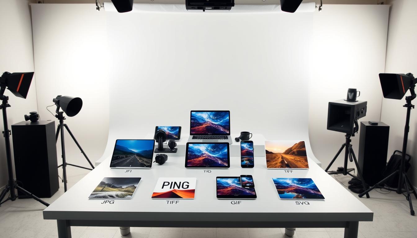 a professional photography studio setup with a large table showcasing various image file formats, including JPG, PNG, TIFF, GIF, and SVG. The table is well-lit with soft, directional lighting, creating a clean and modern atmosphere. In the foreground, there are sample images displayed in each format, highlighting their unique characteristics and use cases. The middle ground features various digital devices, such as a laptop, smartphone, and tablet, demonstrating the versatility of the image formats across different platforms. The background has a minimalist, white backdrop, allowing the focus to remain on the central elements of the scene.