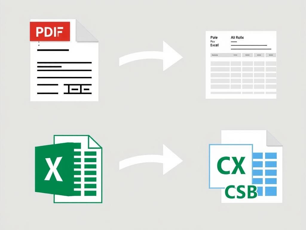 Multiple file format icons showing PDF to Excel and CSV conversion