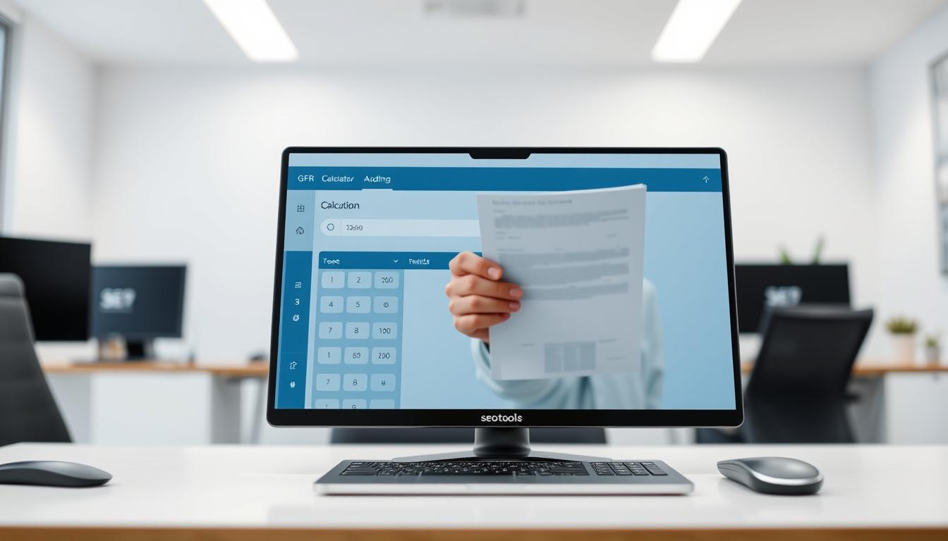 A sleek, modern desktop with a prominent GFR calculator software interface taking up the foreground. The interface features clean lines, intuitive controls, and a minimalist color scheme of blues and grays. In the middle ground, a hand holding a medical report or patient file, signifying the real-world application of the calculator. The background is a softly blurred, professional office setting with hints of SEO Tools branding visible on the wall or desk accessories. The lighting is bright and even, creating a sense of clarity and professionalism. The overall mood is one of trust, efficiency, and medical expertise.