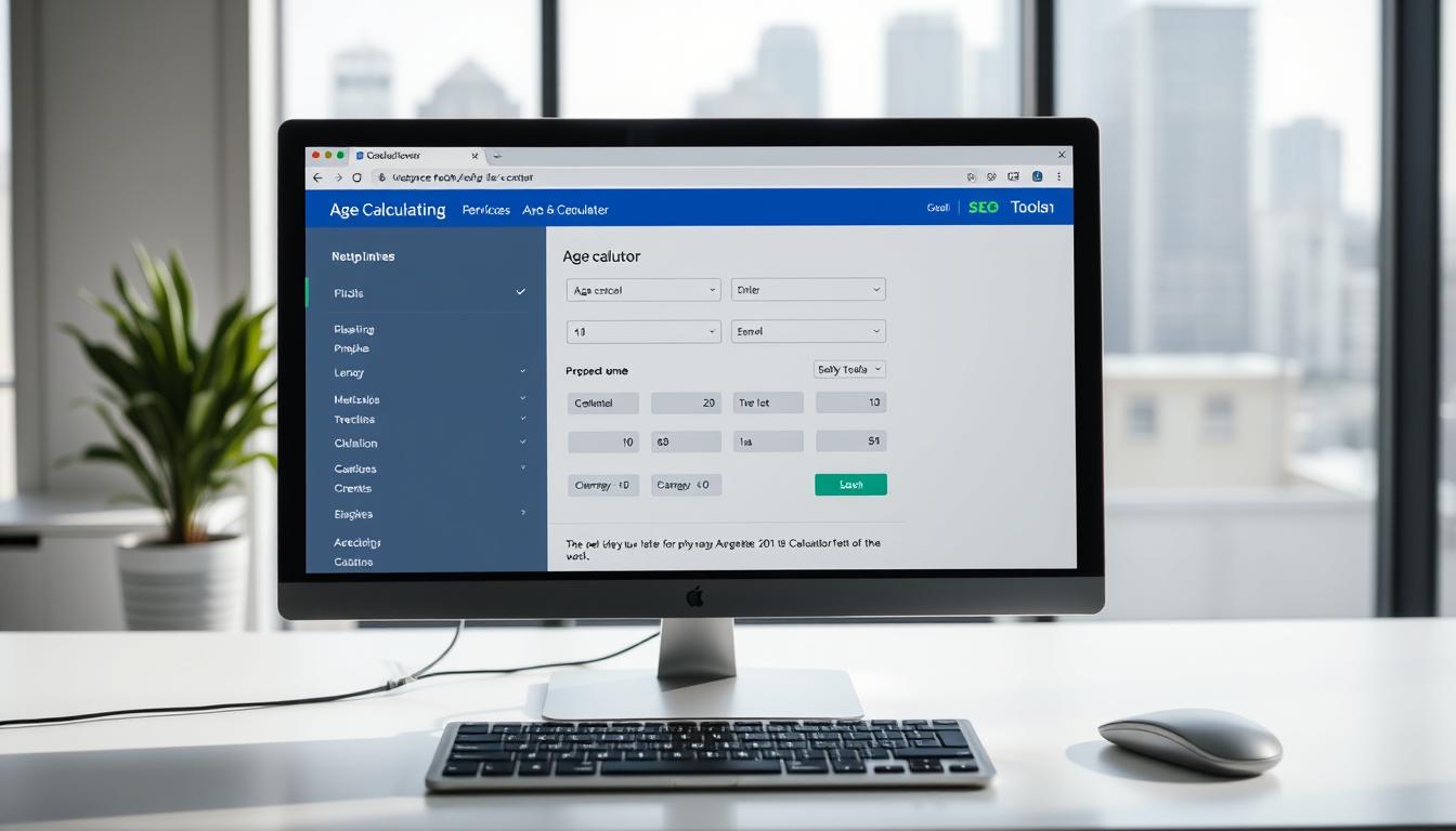 A well-lit, detailed scene of a computer screen displaying an age calculation example. In the foreground, a web browser window shows an interactive age calculator interface with input fields, sliders, and dropdown menus. The middle ground features a desk with a modern SEO Toolsn laptop, keyboard, and mouse. The background has a minimalist, contemporary office setting with a large window overlooking a cityscape. The overall mood is professional, informative, and helpful, conveying the practical applications of age calculation for an online audience.