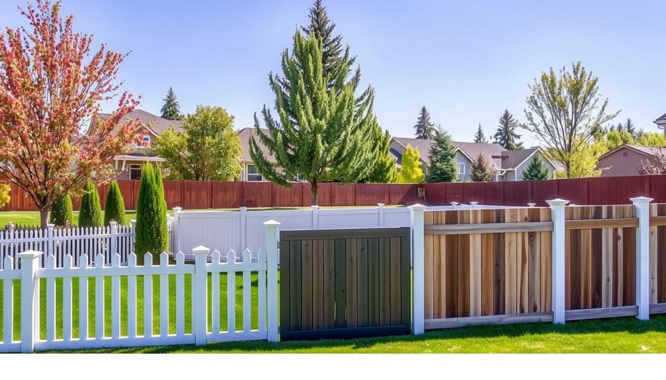 A verdant outdoor scene featuring an assortment of stylish vinyl fencing options in a residential setting within the city of Spokane. The fences are positioned in the mid-to-foreground, showcasing a variety of patterns, textures, and colors such as classic white picket, modern shadowbox, and rustic wood-grain. The background subtly depicts a typical Spokane neighborhood with well-manicured lawns, mature trees, and a clear blue sky, creating a tranquil and inviting atmosphere. The lighting is natural and soft, enhancing the visual appeal of the fencing materials. The camera angle is slightly elevated, providing an optimal view of the fencing styles and their integration within the broader landscape.