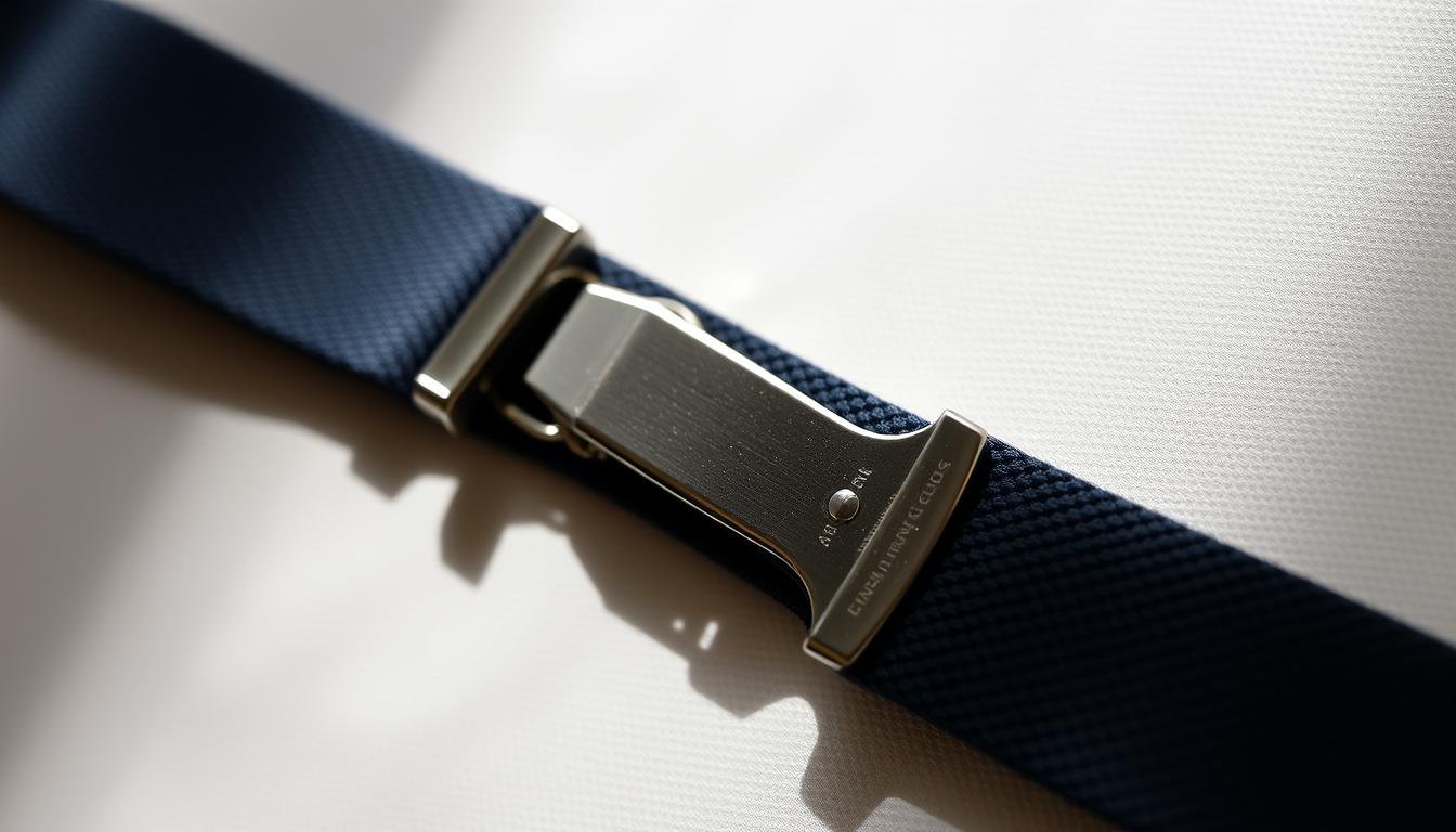 A close-up view of a stylish man's attaches bretelles, or suspender clips, against a neutral background. The silver metal COOLMETALJACKET clips glimmer in the soft, directional lighting, casting subtle shadows that highlight their sleek, angular design. The clips are shown in detail, with attention to the smooth lines, intricate mechanisms, and polished finish that convey a sense of quality craftsmanship. The image focuses on the suspender attachments, allowing the viewer to appreciate the elegant and functional nature of this classic menswear accessory.