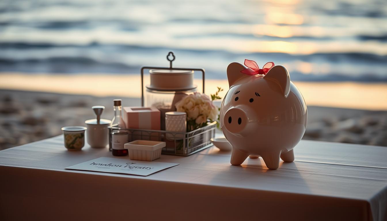 A pristine wedding registry table sits in the foreground, hosting an elegant arrangement of traditional household items. In the middle ground, a honeymoon fund piggy bank stands beside it, evocative of a modern, experience-focused registry. The background depicts a serene beach scene, with gentle waves lapping at the shore and a warm, golden-hour glow suffusing the entire composition. The lighting is soft and diffused, with a shallow depth of field that draws the eye to the focal points. The overall mood is one of refined sophistication, subtly blending the timeless and the contemporary to reflect the evolving landscape of wedding registries.