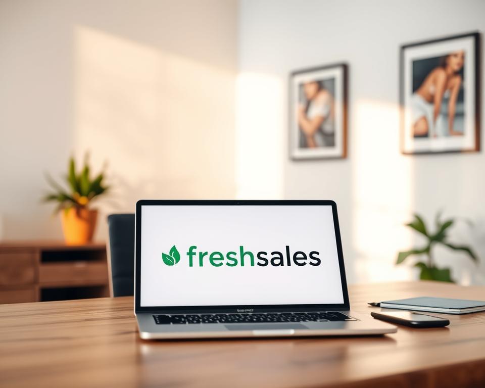 A small business office interior featuring a desk with the &quot;Freshsales&quot; brand prominently displayed on a laptop screen. The scene has warm, natural lighting and a clean, minimalist aesthetic. The background showcases a simple office setting with a potted plant and a framed artwork on the wall, creating a professional yet inviting atmosphere. The camera angle is positioned to highlight the &quot;Freshsales&quot; branding and convey the product's ease of use and unified customer view for small companies.