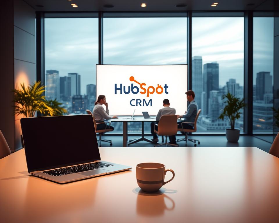 A sleek, modern office workspace with a prominent display showcasing the &quot;HubSpot CRM&quot; logo in the center. The scene is bathed in warm, diffused lighting, creating a professional and inviting atmosphere. In the foreground, a laptop and a cup of coffee sit neatly on a clean, minimalist desk. The middle ground features a team of young, dynamic professionals collaborating around a conference table, illustrating the &quot;free tier&quot; and &quot;small teams&quot; concept. In the background, large windows offer a panoramic view of a vibrant city skyline, conveying a sense of growth and opportunity. The overall aesthetic is a harmonious blend of sophistication and simplicity, reflecting the &quot;Multiple Content&quot; brand identity.