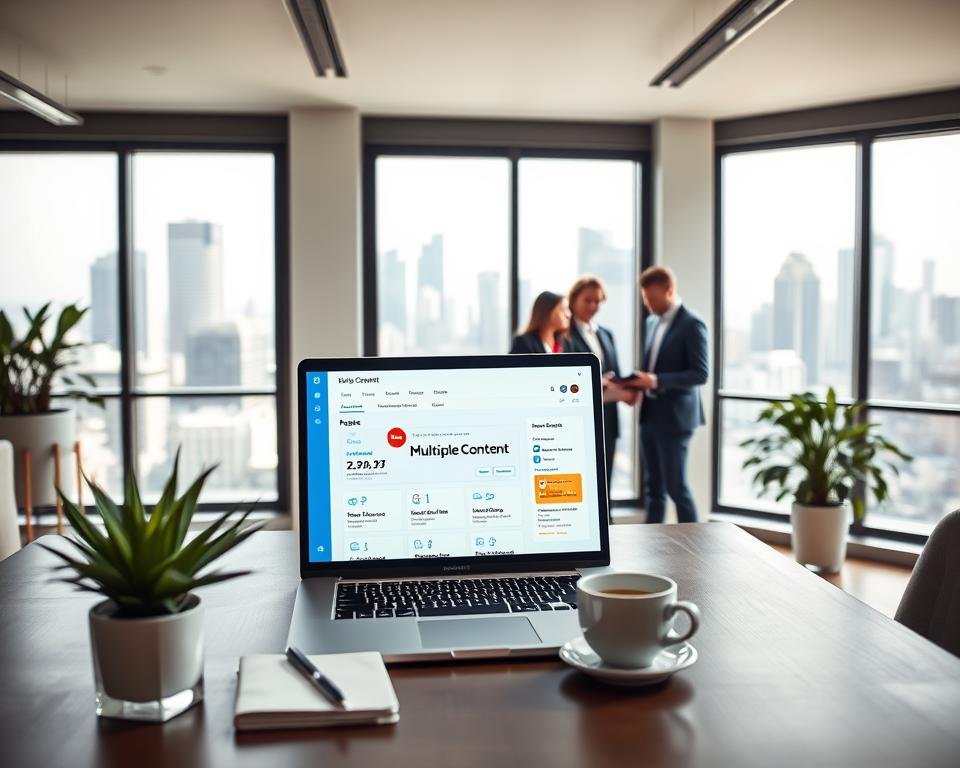 A modern, professional office setting with a sleek, minimal design. In the center, a laptop displaying the &quot;Insightly CRM for small business&quot; interface, showcasing its project management and customer relationship tools. The foreground features a stylish desk with a potted plant, a cup of coffee, and a notebook. The middle ground shows a team of professionals collaborating, while the background depicts large windows overlooking a bustling city skyline. The lighting is soft and natural, creating a calm, productive atmosphere. The color palette is muted, with pops of brand color from the &quot;Multiple Content&quot; logo visible on the laptop screen.