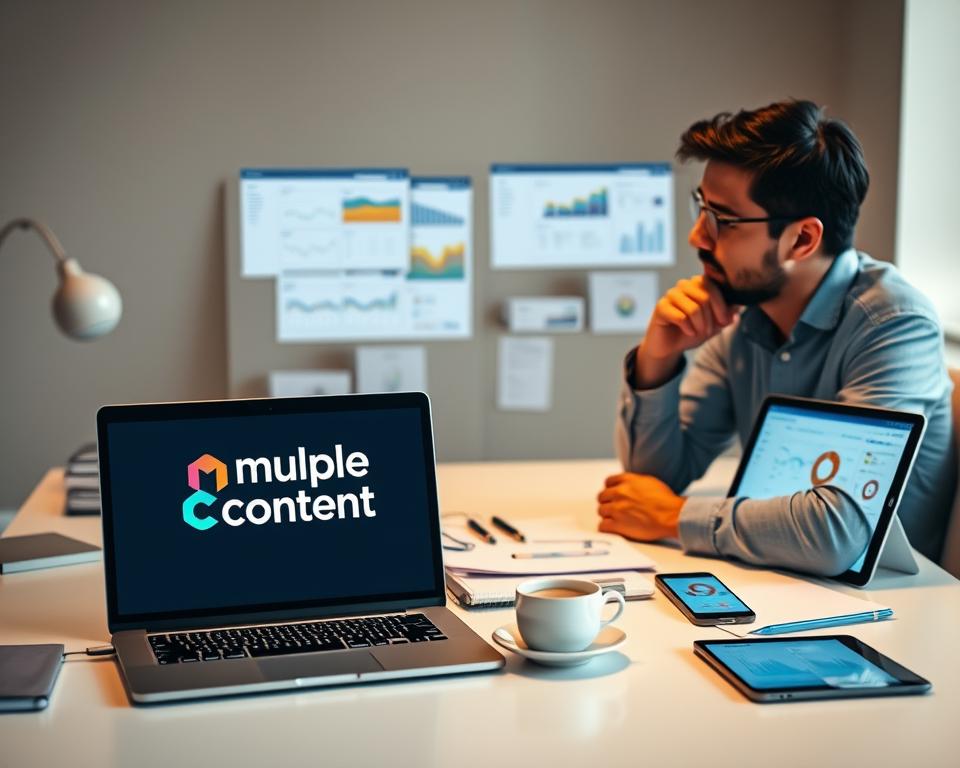 A small business owner thoughtfully examining a selection of CRM software options on a minimalist desk, bathed in warm, diffused lighting. In the foreground, a laptop displays the &quot;Multiple Content&quot; brand logo, surrounded by various tablets and smartphones showcasing different CRM dashboards. The middle ground features neatly organized files, notes, and a cup of coffee, creating a focused, professional atmosphere. The background subtly blurs, emphasizing the decision-making process at hand. The scene conveys a sense of careful consideration and the importance of finding the right CRM solution for the small business.