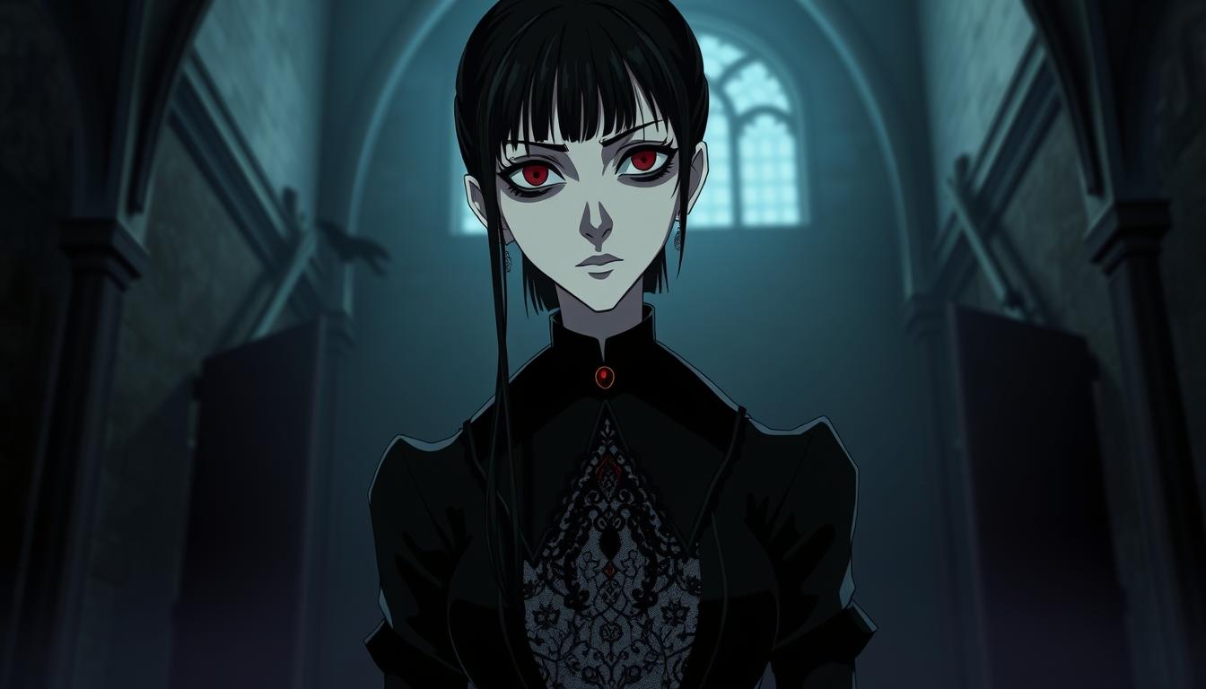 A haunting, gothic depiction of Wednesday Addams' iconic style. A pale, gaunt figure with striking black hair and a severe expression, adorned in a high-collared black dress with intricate lace detailing. Dramatic lighting casts dramatic shadows, evoking a somber, brooding atmosphere. The background is a dimly lit, moody setting with hints of gothic architecture and a sense of mystery. Gloomy tones of black, gray, and deep burgundy create an otherworldly, haunting ambiance. Subtle touches of symbolism, such as a raven or a spider, further accentuate the character's dark, macabre persona. An image that captures the essence of Wednesday Addams' timeless, influential goth fashion.