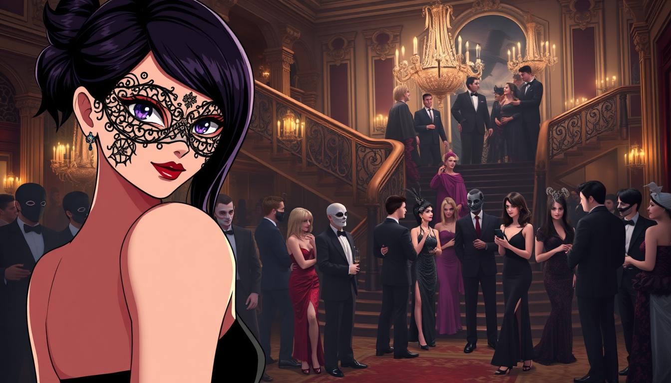 A luxurious masquerade ball in a grand, opulent manor, with a prestigious guest list of famous celebrities dressed in elaborate Halloween costumes inspired by the iconic Wednesday Addams character. The foreground showcases a glamorous, raven-haired woman in a sleek black dress, her face partially obscured by an intricate lace mask, capturing the essence of Wednesday Addams. In the middle ground, a gathering of masked partygoers converse and mingle, their costumes ranging from whimsical to sinister, creating an atmosphere of mystery and intrigue. The background features a majestic staircase, chandeliers casting a warm glow, and ornate architectural details, all contributing to the sense of lavish, high-society festivities. The lighting is dramatic, with shadows adding depth and a touch of the macabre, befitting the Halloween theme. The overall scene evokes a sense of elegance, exclusivity, and the playful spirit of the famous Addams Family character.