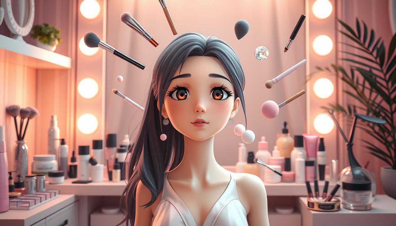 A meticulously detailed virtual ASMR makeover studio. Soft lighting casts a warm glow, highlighting the luxurious vanity filled with an array of makeup and skincare products. In the center, a life-like, fully animated 3D character awaits, ready to undergo a transformative ASMR beauty experience. Delicate brushes, sponges, and tools float in the air, choreographed to gently caress the character's face. The background features a soothing, pastel-hued interior design, with plush textiles and serene plant life. An atmosphere of pure indulgence and sensorial delight permeates the scene.